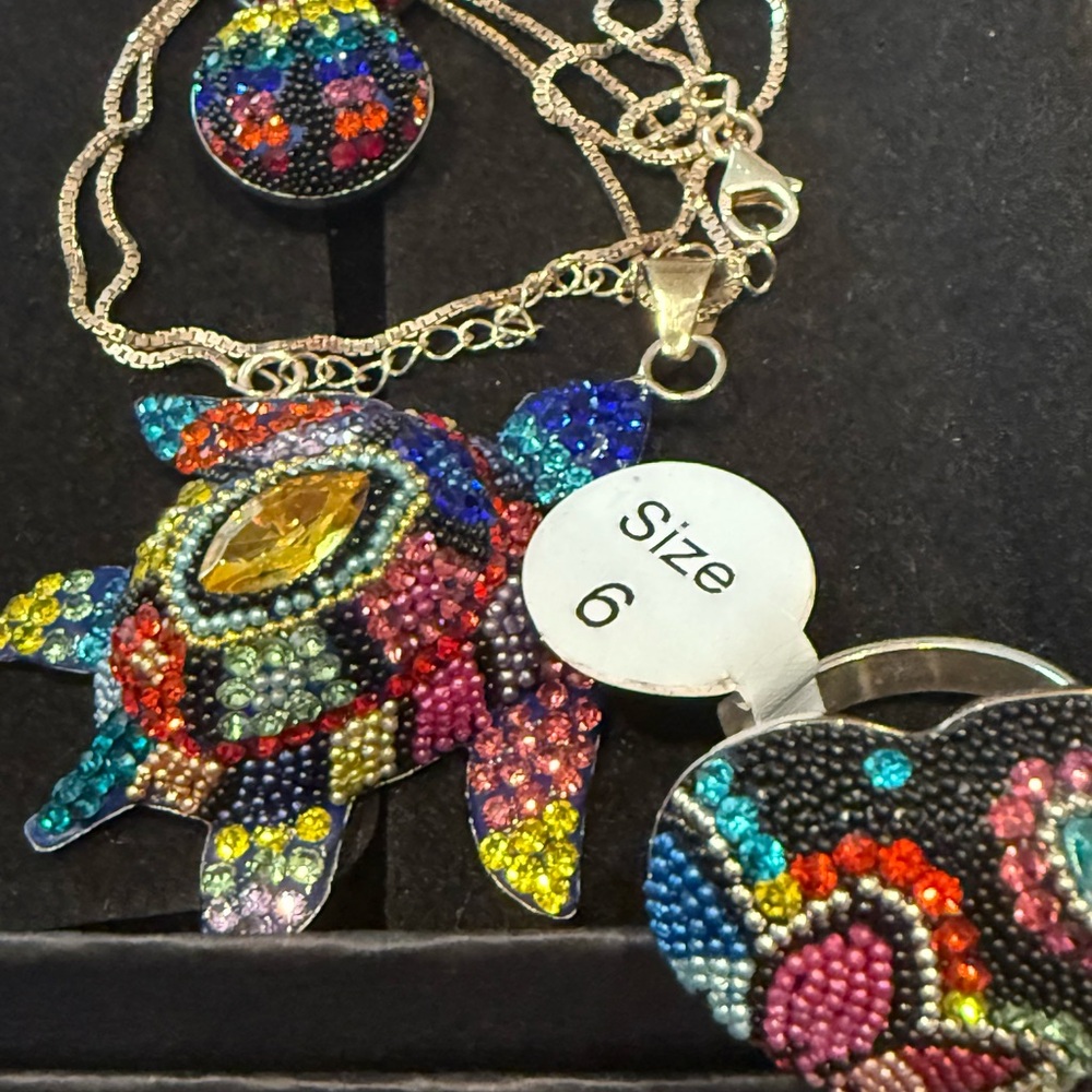 Colorful Beaded Turtle Set Pendant Necklace Ring and Earrings. NEW